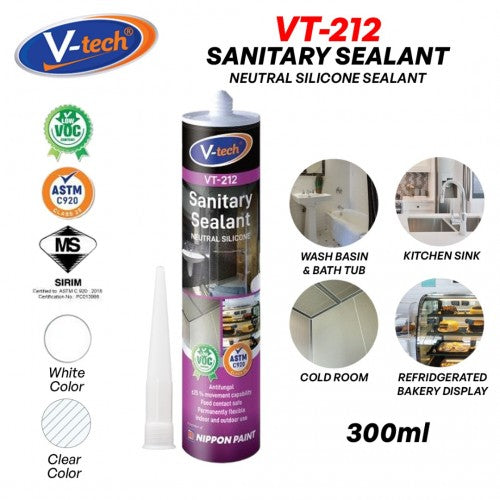 V-Tech VT-212 Sanitary Sealant Neutral Silicone Sealant 300ML - Clear/ White